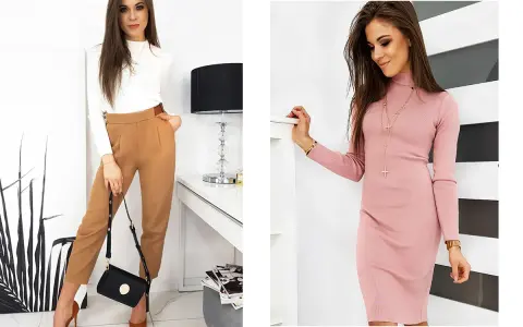 Klepsydra figura w eleganckich stylizacjach: biały golf i brązowe spodnie lub różowa sukienka.