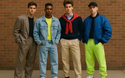 Czterech młodych mężczyzn prezentuje odważne stylizacje, zapowiadając trendy w **modzie męskiej 2026**.