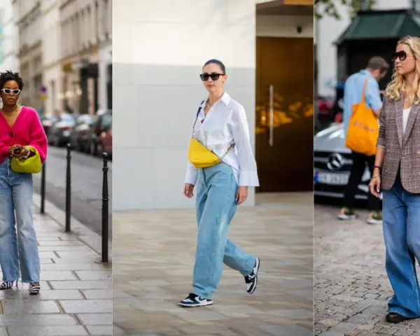 Trzy kobiety prezentują modne spodnie slouchy w różnych stylizacjach. Jedna w różowym kardiganie, druga w białej koszuli, trzecia w marynarce w kratę.