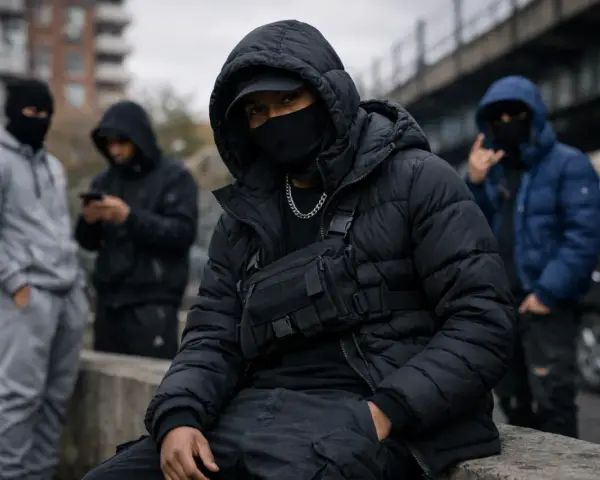 Młodzi mężczyźni w kapturach i maskach, w stylu drill, siedzą na murku. Jeden z nich ma na sobie czarną kurtkę puchową i torbę taktyczną.