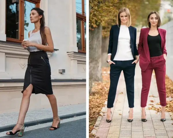 Eleganckie stylizacje na imprezę w lokalu: czarna spódnica z zamkiem i szpilki lub garnitur w granacie lub bordo.