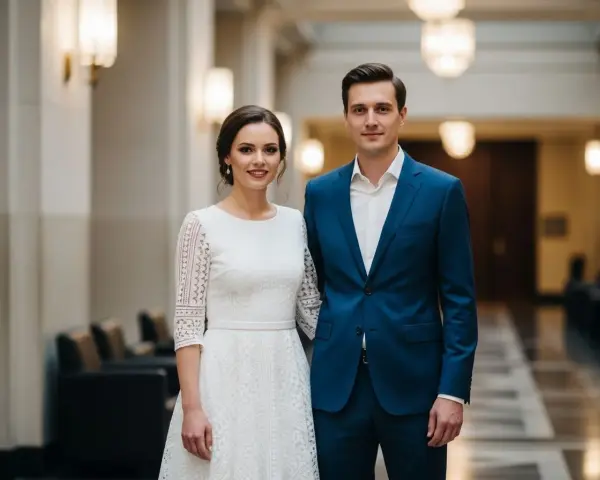 Para w eleganckich strojach, w czym do ślubu. Ona w koronkowej białej sukni, on w granatowym garniturze.