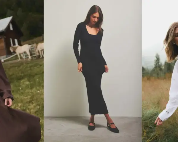 Elegancka sukienka na Wigilię firmową: brązowa maxi, czarna dopasowana lub biała koszula oversize.