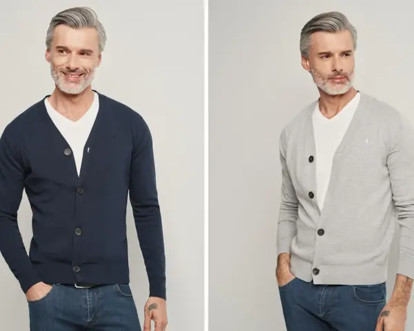 Elegancki mężczyzna pokazuje, jak nosić sweter męski: granatowy i szary kardigan z białym t-shirtem i jeansami.