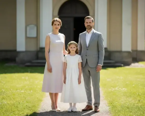 Rodzina w eleganckich strojach przed kościołem.