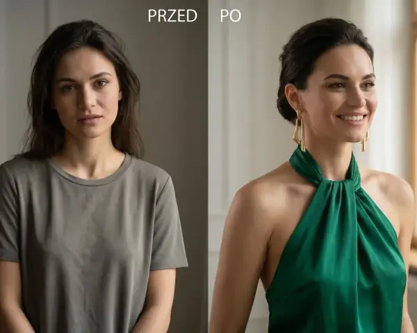 Przed i po: zwykły t-shirt kontra elegancka sukienka z dekoltem. Wstawki do dekoltu mogą odmienić stylizację.