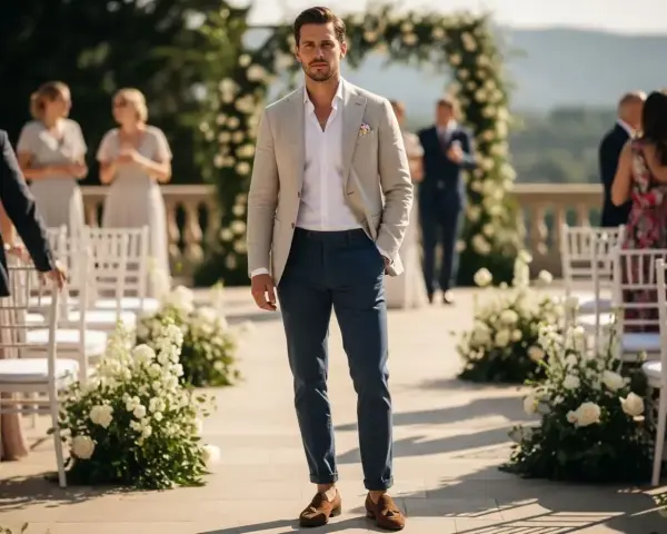 Elegancki mężczyzna w beżowej marynarce i granatowych spodniach, idealny outfit na wesele. Tło ceremonii ślubnej z kwiatami.