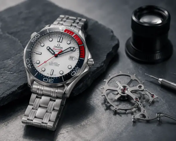 Zegarek Omega Seamaster z mechanizmem i narzędziami. Dowiedz się, jak zmniejszyć bransoletę w zegarku, by idealnie pasowała.