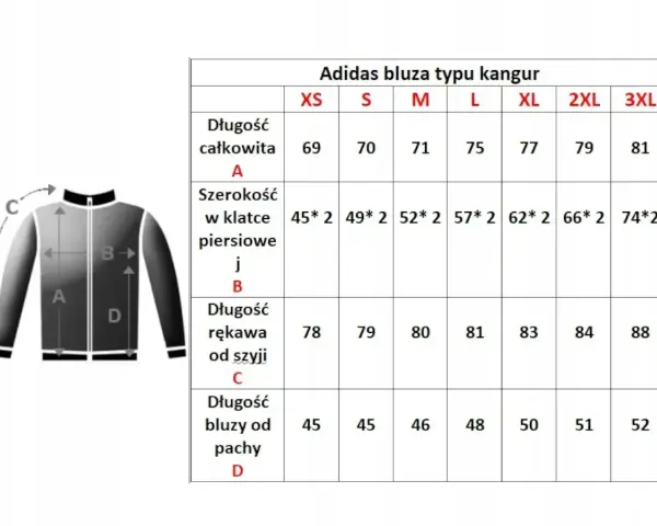 Tabela rozmiarów bluzy Adidas kangur. Jaki to rozmiar? Sprawdź wymiary od XS do 3XL: długość całkowita, szerokość w klatce, długość rękawa i bluzy od pachy.