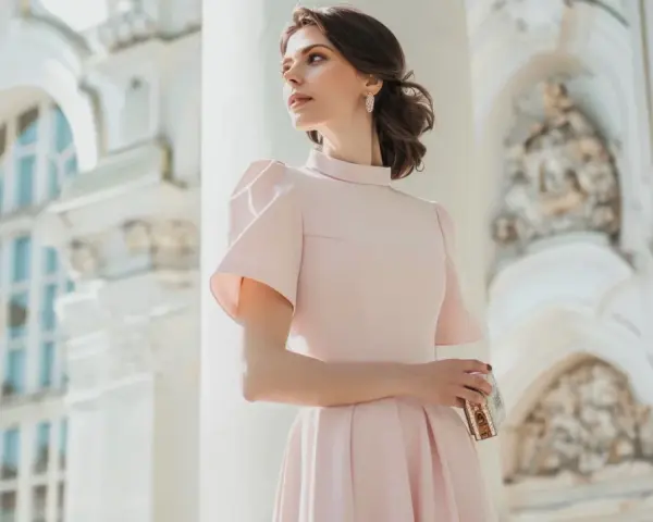 Elegancka kobieta w pudrowej sukience, idealna inspiracja, jak się ubrać na chrzciny.