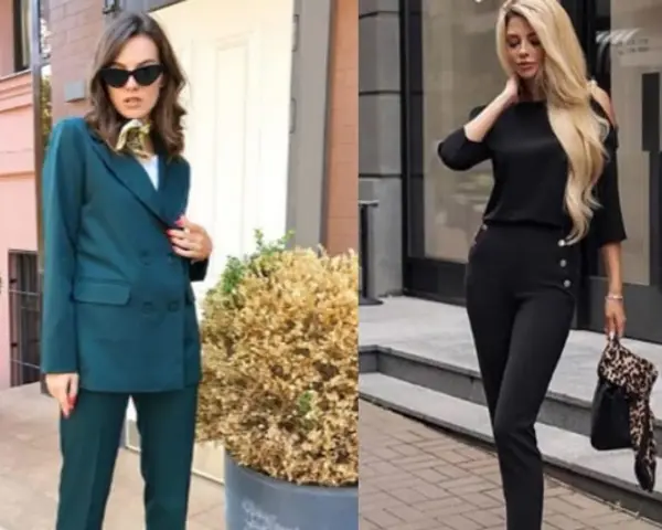Eleganckie stylizacje, które podpowiedzą, jak się ubrać do sądu. Dwie kobiety w garniturach i eleganckich spodniach.