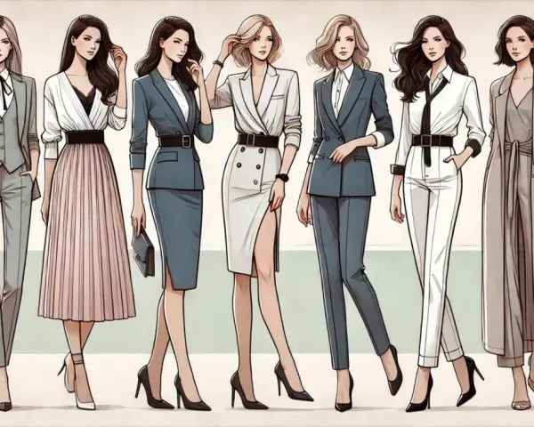 Eleganckie kobiety w stylizacjach black tie dress code damski: garnitury, sukienki i płaszcze.
