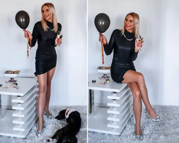 Elegancka czarna sukienka, wążowe szpilki i balon – idealny zestaw, jak się ubrać na 18. Uzupełnieniem stylizacji kieliszek szampana i piesek.
