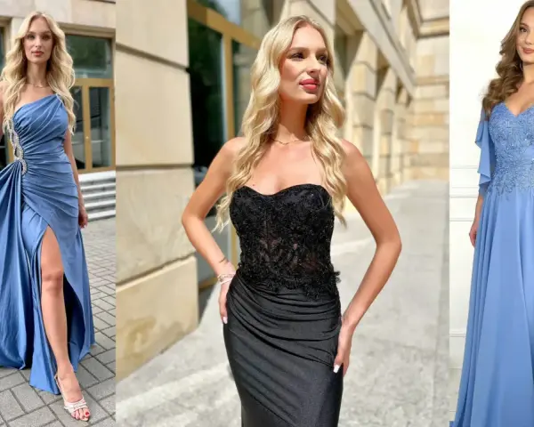 Trzy kobiety w eleganckich sukniach. Niebieska z rozcięciem i czarna gorsetowa podkreślają sylwetkę, pokazując, jakie sukienki wyszczuplają.