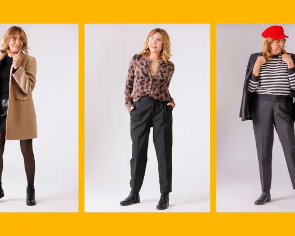 Elegancka moda dla pań po 60: płaszcz, skórzana spódnica, panterkowy sweter, spodnie, marynarka i czerwona czapka.
