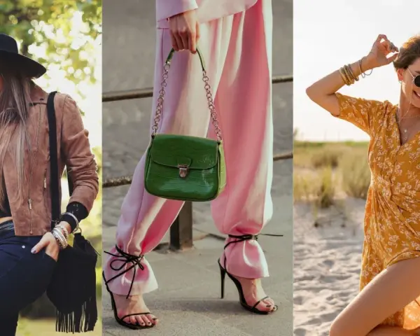 Trzy kobiety w modnych stylizacjach: w kapeluszu i brązowej kurtce, w różowych spodniach i zielonej torebce, oraz w żółtej sukience na plaży. Prawdziwe fashion victim!