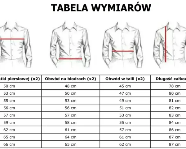 Tabela rozmiarów koszul męskich Slim Fit: kołnierzyk, klatka, biodra, talia, długość całkowita i rękawa.