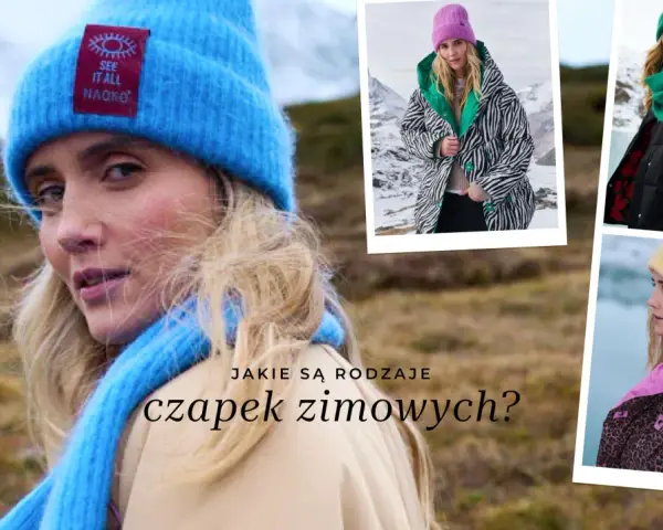 Kobiety w różnych rodzajach czapek zimowych: niebieskiej, różowej, zielonej i żółtej.