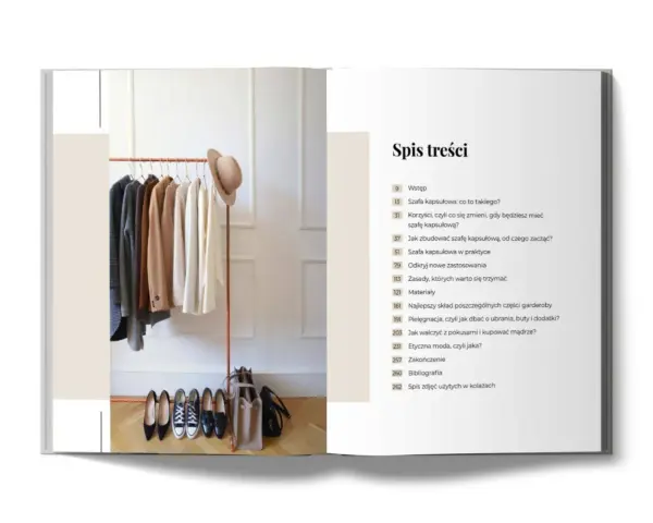 Elegancka szafa kapsułowa z ubraniami i butami, alternatywa dla fast fashion.