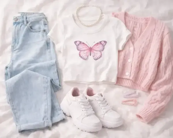 Ubrania w stylu coquette: jasne jeansy, biały crop top z motylem, różowy sweterek, białe sneakersy i perłowy naszyjnik.