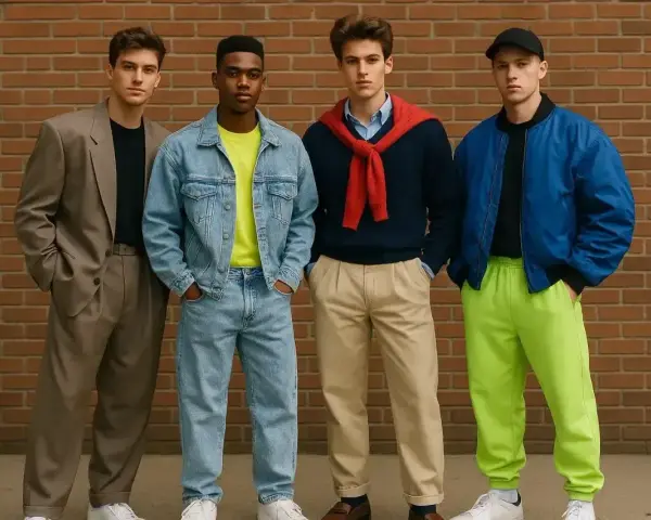 Czterech młodych mężczyzn prezentuje odważne stylizacje, zapowiadając trendy w **modzie męskiej 2026**.