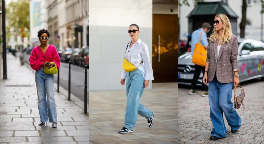 Trzy kobiety prezentują modne spodnie slouchy w różnych stylizacjach. Jedna w różowym kardiganie, druga w białej koszuli, trzecia w marynarce w kratę.