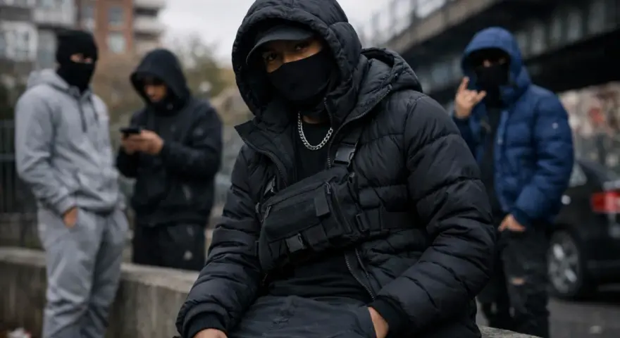 Młodzi mężczyźni w kapturach i maskach, w stylu drill, siedzą na murku. Jeden z nich ma na sobie czarną kurtkę puchową i torbę taktyczną.