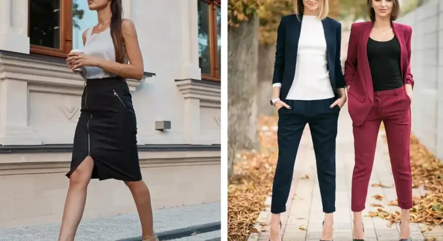 Eleganckie stylizacje na imprezę w lokalu: czarna spódnica z zamkiem i szpilki lub garnitur w granacie lub bordo.