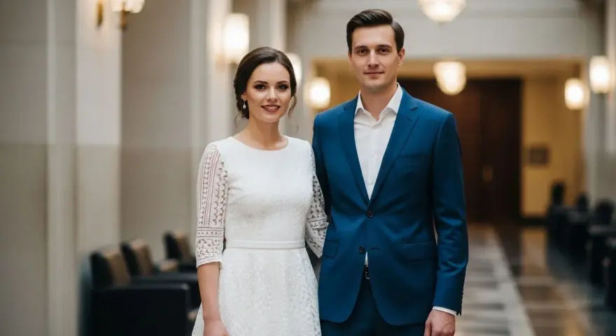 Para w eleganckich strojach, w czym do ślubu. Ona w koronkowej białej sukni, on w granatowym garniturze.