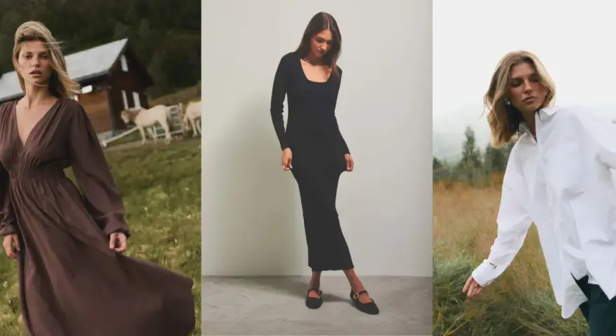 Elegancka sukienka na Wigilię firmową: brązowa maxi, czarna dopasowana lub biała koszula oversize.