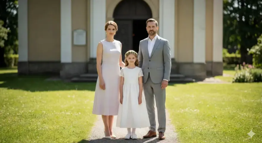 Rodzina w eleganckich strojach przed kościołem.