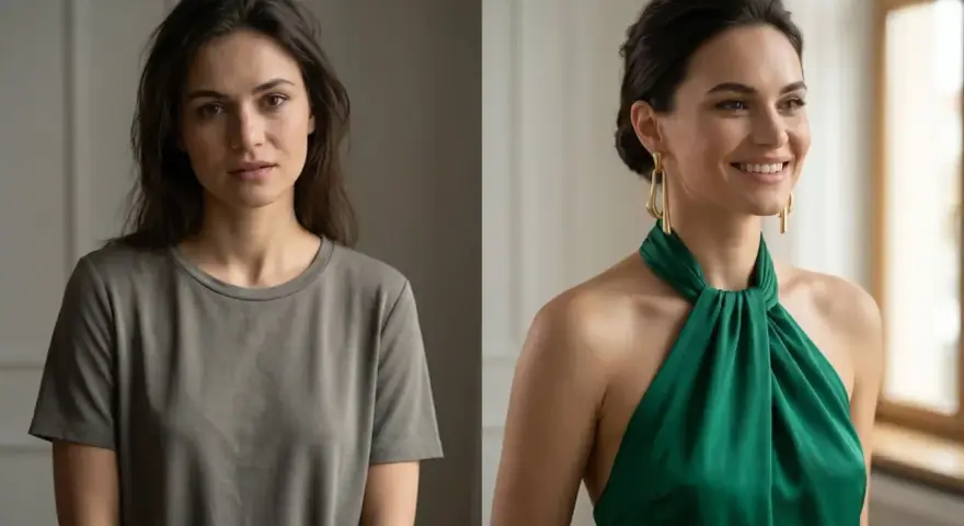 Przed i po: zwykły t-shirt kontra elegancka sukienka z dekoltem. Wstawki do dekoltu mogą odmienić stylizację.