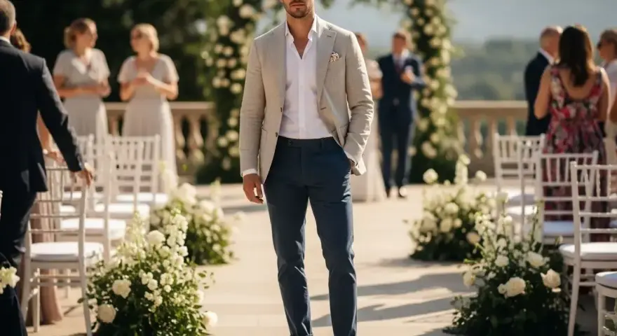 Elegancki mężczyzna w beżowej marynarce i granatowych spodniach, idealny outfit na wesele. Tło ceremonii ślubnej z kwiatami.