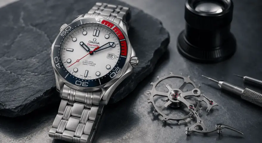 Zegarek Omega Seamaster z mechanizmem i narzędziami. Dowiedz się, jak zmniejszyć bransoletę w zegarku, by idealnie pasowała.