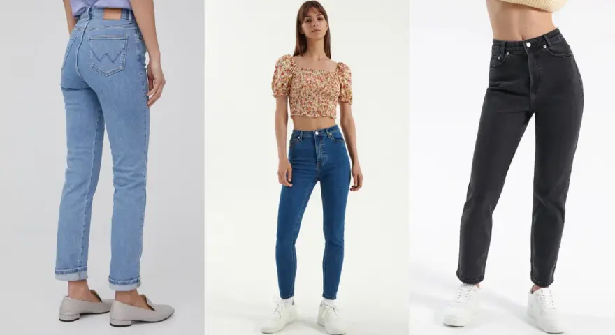 Idealne spodnie dla klepsydry: jasne jeansy z wysokim stanem, ciemne jeansy skinny i klasyczne niebieskie jeansy.