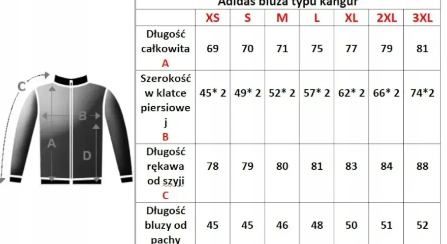 Tabela rozmiarów bluzy Adidas kangur. Jaki to rozmiar? Sprawdź wymiary od XS do 3XL: długość całkowita, szerokość w klatce, długość rękawa i bluzy od pachy.