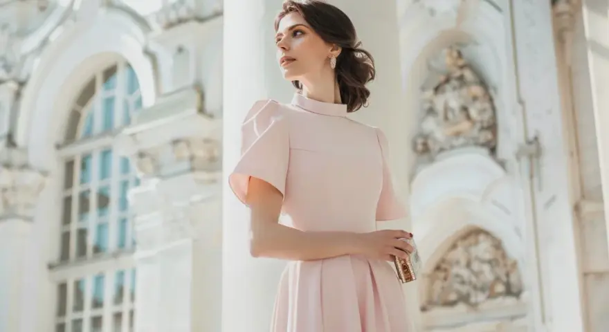 Elegancka kobieta w pudrowej sukience, idealna inspiracja, jak się ubrać na chrzciny.