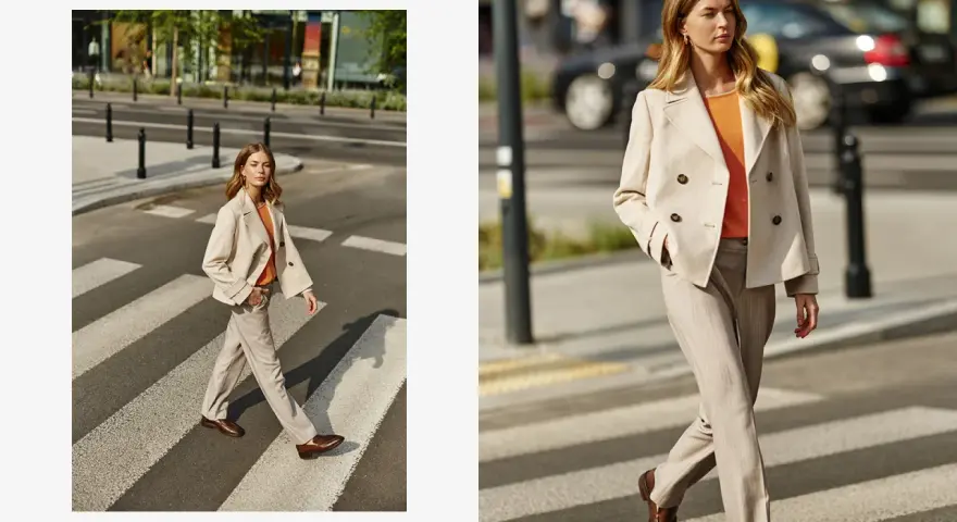 Elegancka stylizacja: jaka marynarka do beżowych spodni? Modelka w beżowej marynarce dwurzędowej i spodniach w prążek na pasach.