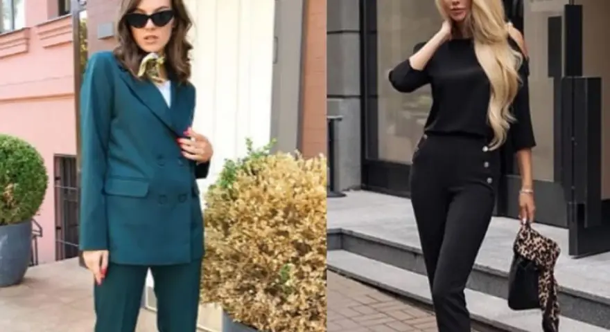 Eleganckie stylizacje, które podpowiedzą, jak się ubrać do sądu. Dwie kobiety w garniturach i eleganckich spodniach.