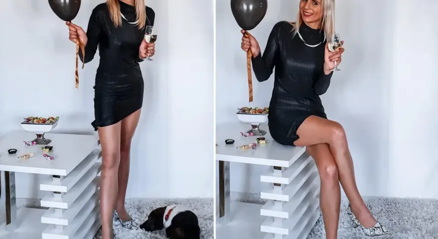 Elegancka czarna sukienka, wążowe szpilki i balon – idealny zestaw, jak się ubrać na 18. Uzupełnieniem stylizacji kieliszek szampana i piesek.