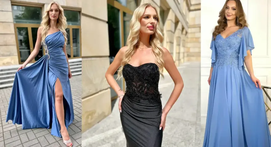 Trzy kobiety w eleganckich sukniach. Niebieska z rozcięciem i czarna gorsetowa podkreślają sylwetkę, pokazując, jakie sukienki wyszczuplają.