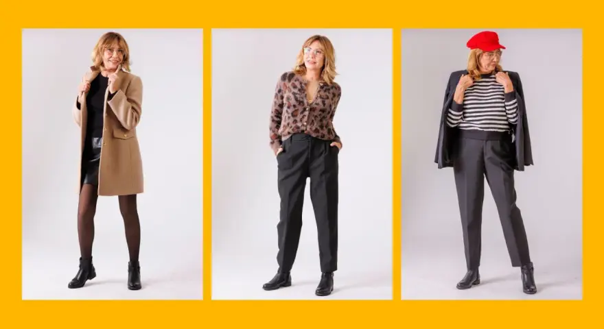 Elegancka moda dla pań po 60: płaszcz, skórzana spódnica, panterkowy sweter, spodnie, marynarka i czerwona czapka.
