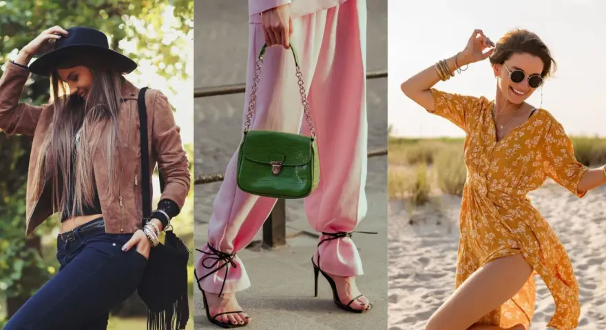 Trzy kobiety w modnych stylizacjach: w kapeluszu i brązowej kurtce, w różowych spodniach i zielonej torebce, oraz w żółtej sukience na plaży. Prawdziwe fashion victim!