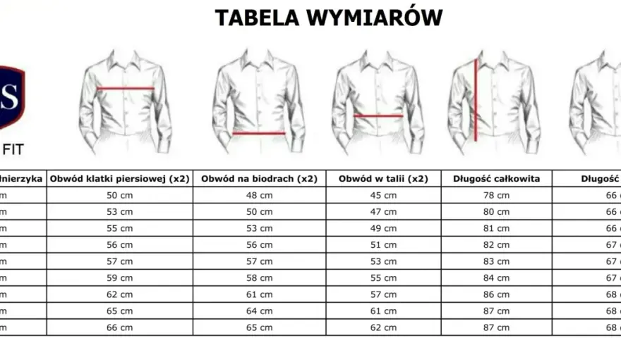 Tabela rozmiarów koszul męskich Slim Fit: kołnierzyk, klatka, biodra, talia, długość całkowita i rękawa.