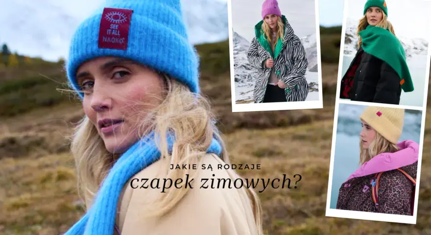 Kobiety w różnych rodzajach czapek zimowych: niebieskiej, różowej, zielonej i żółtej.