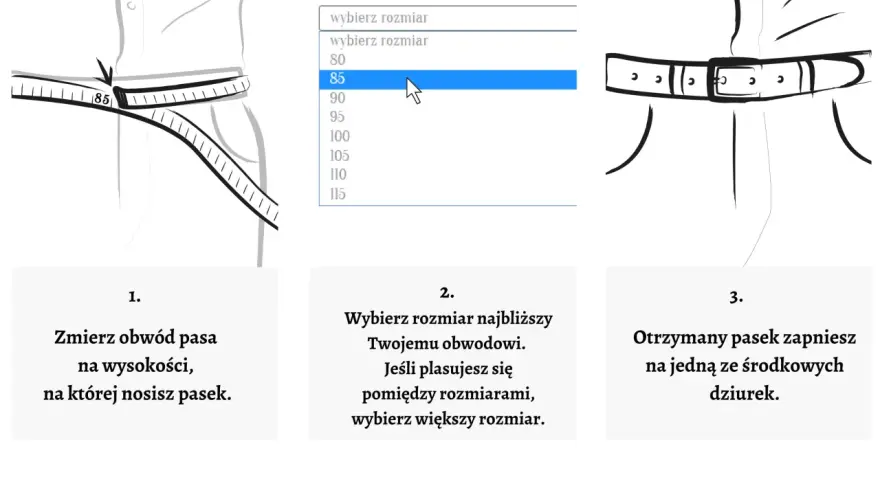 Instrukcja wyboru paska: zmierz obwód pasa, wybierz rozmiar (np. 90), zapnij na środkową dziurkę. Rozmiar to obwód pasa.