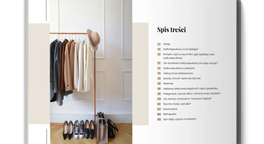 Elegancka szafa kapsułowa z ubraniami i butami, alternatywa dla fast fashion.