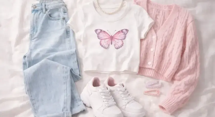 Ubrania w stylu coquette: jasne jeansy, biały crop top z motylem, różowy sweterek, białe sneakersy i perłowy naszyjnik.