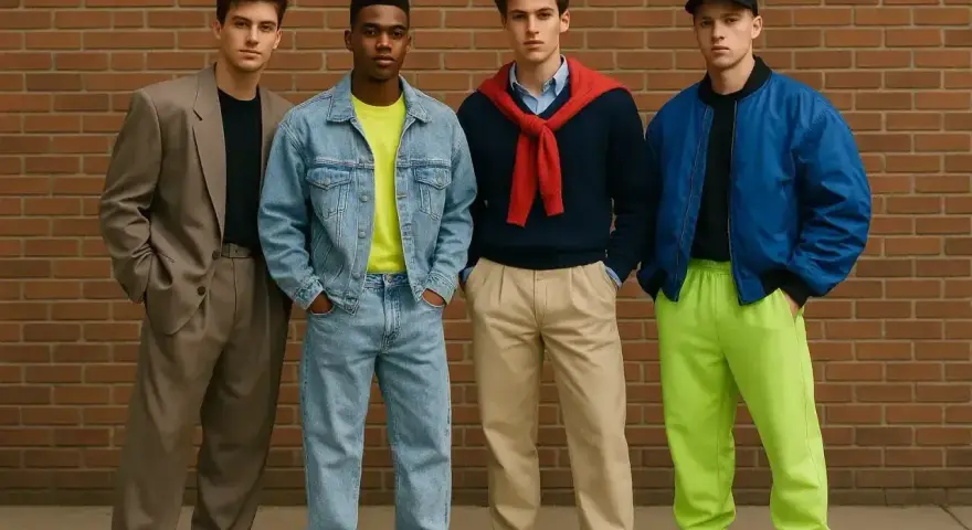 Czterech młodych mężczyzn prezentuje odważne stylizacje, zapowiadając trendy w **modzie męskiej 2026**.