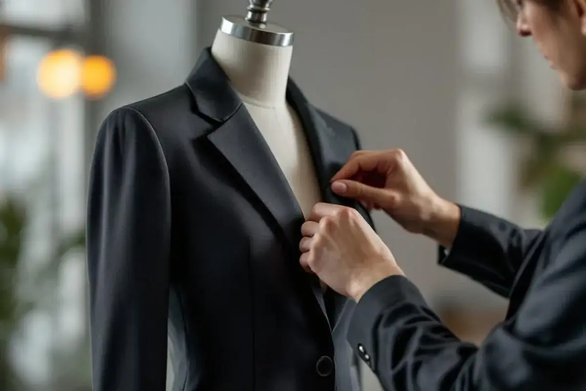 Dopasowywanie eleganckiej marynarki na manekinie. To kwintesencja power dressing, przygotowanie do sukcesu.